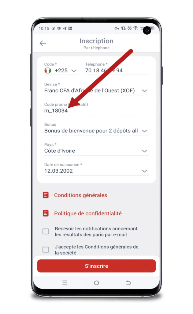 Remplir le formulaire d'inscription et Ajouter le code promo Megapari "m-18034"