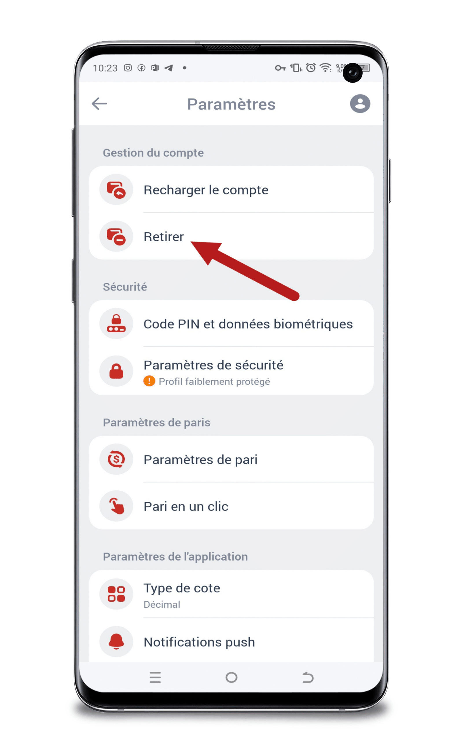 Cliquez sur "retrait"