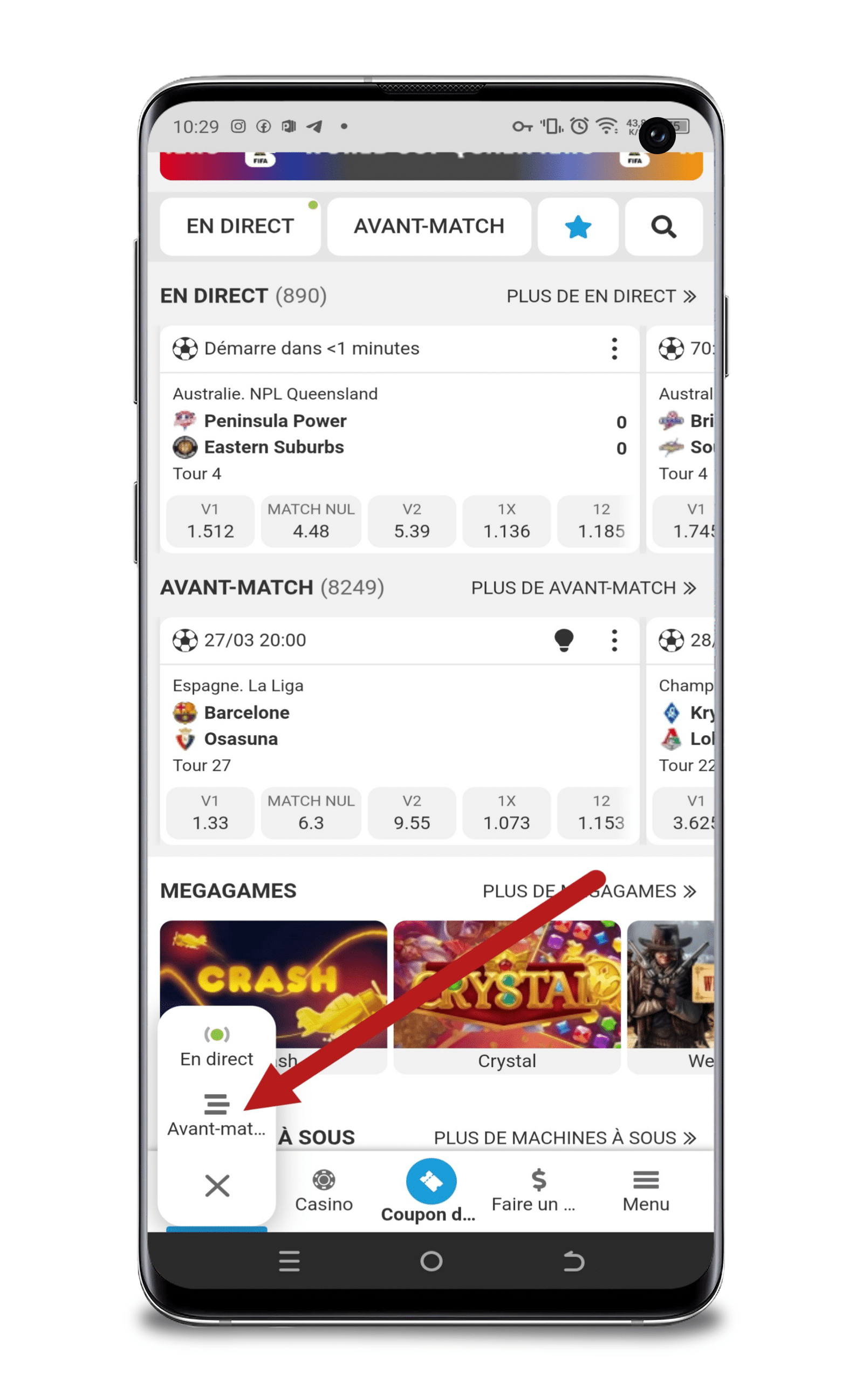 Choisir ensuite « Avant Match » ou « En direct »