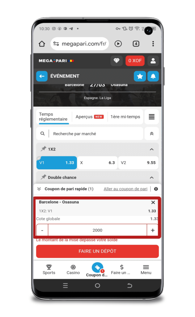 Définir le montant de la mise et valider